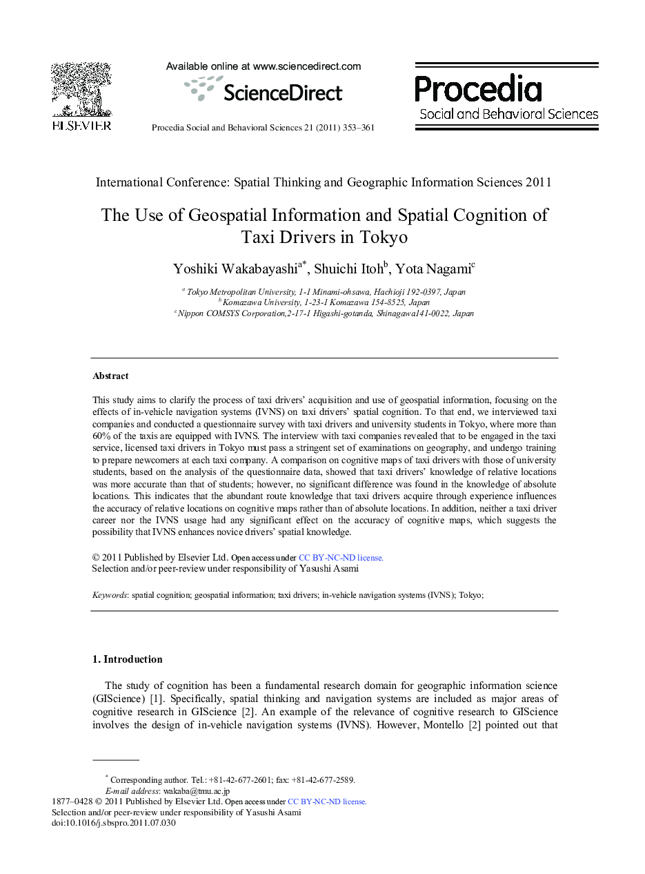 The Use of Geospatial Information and Spatial Cognition of Taxi Drivers in Tokyo