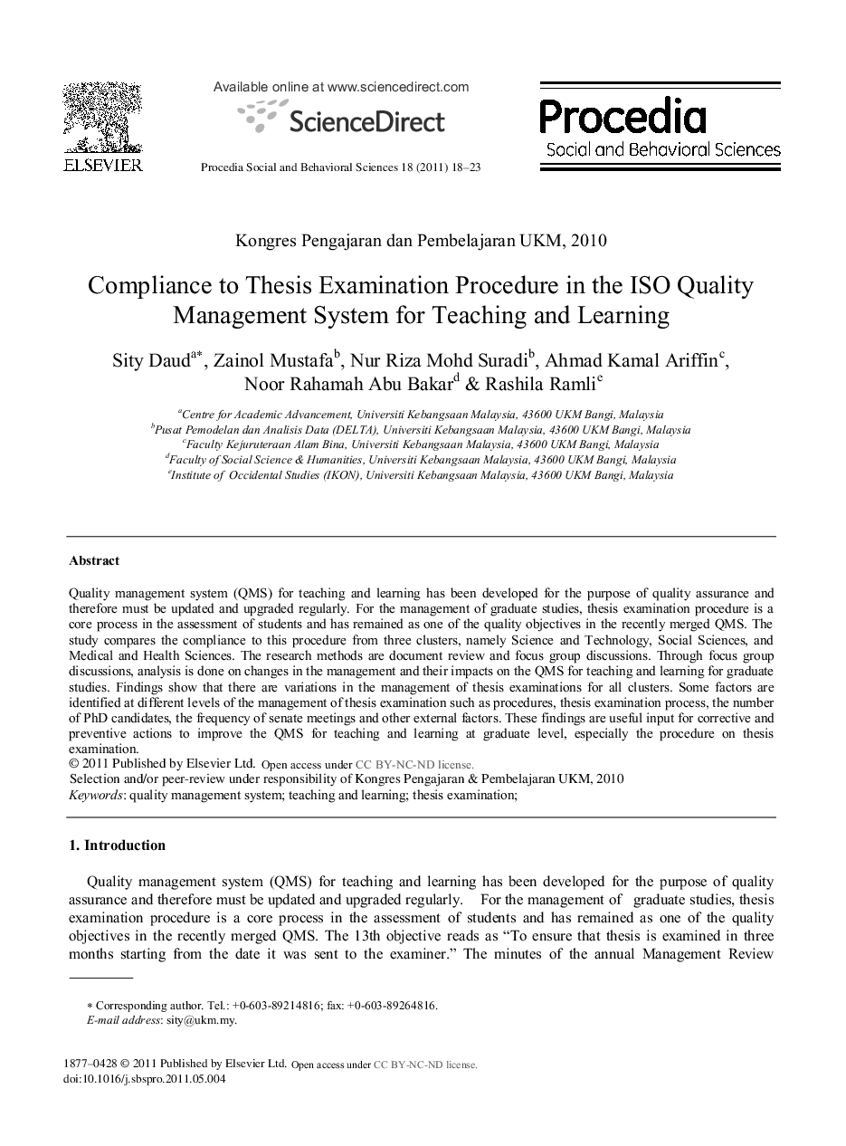 Compliance to Thesis Examination Procedure in the ISO Quality Management System for Teaching and Learning