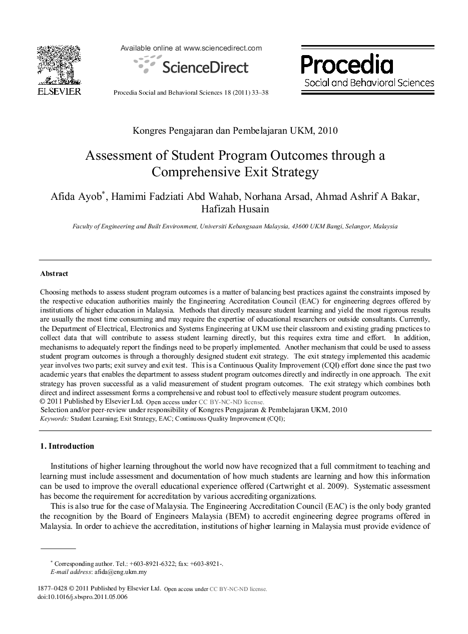 Assessment of Student Program Outcomes through a Comprehensive Exit Strategy