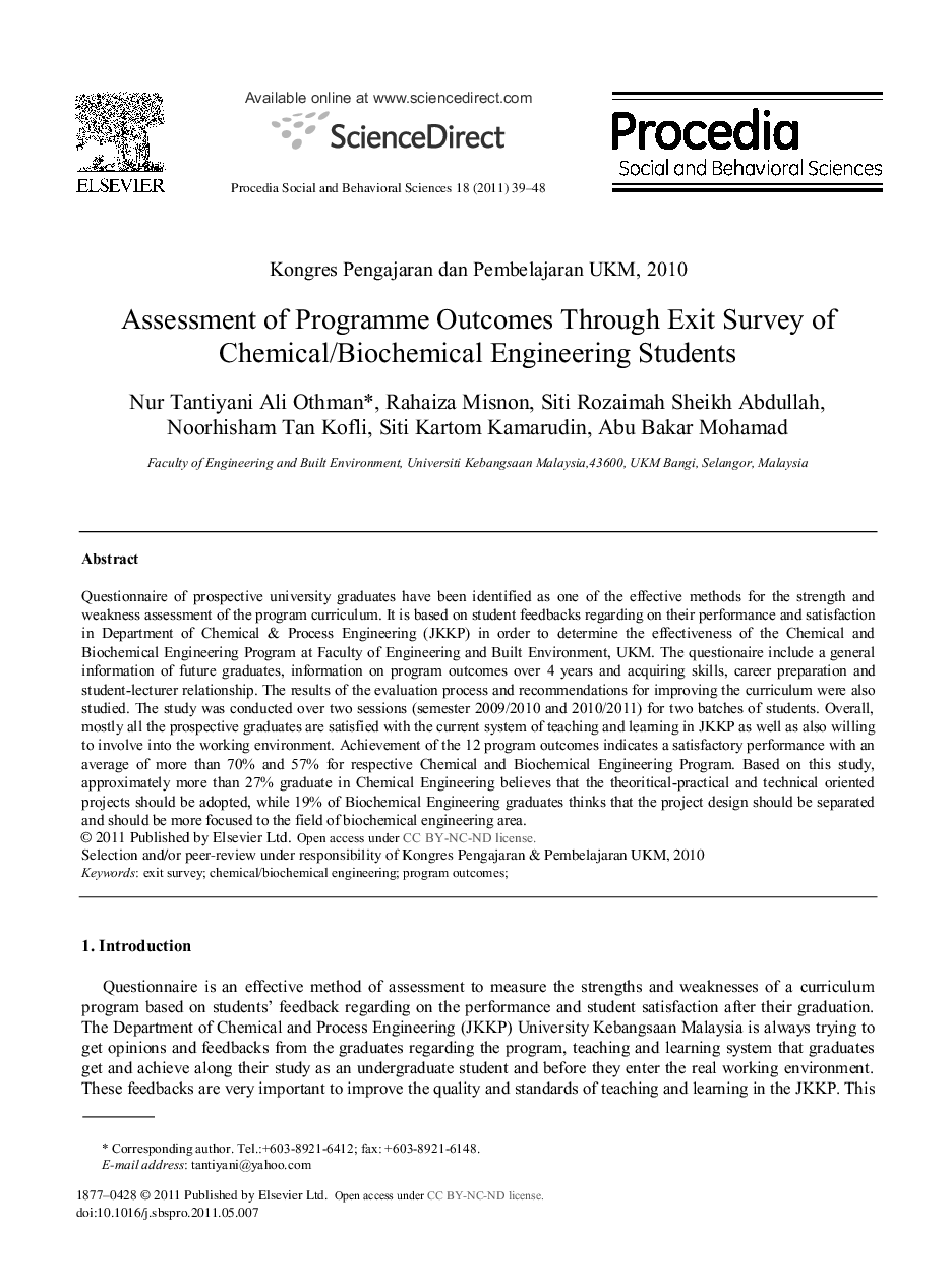 Assessment of Programme Outcomes Through Exit Survey of Chemical/Biochemical Engineering Students