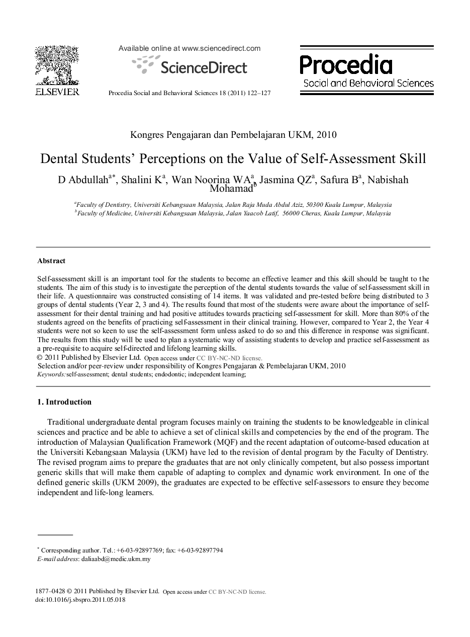 Dental Students’ Perceptions on the Value of Self-Assessment Skill