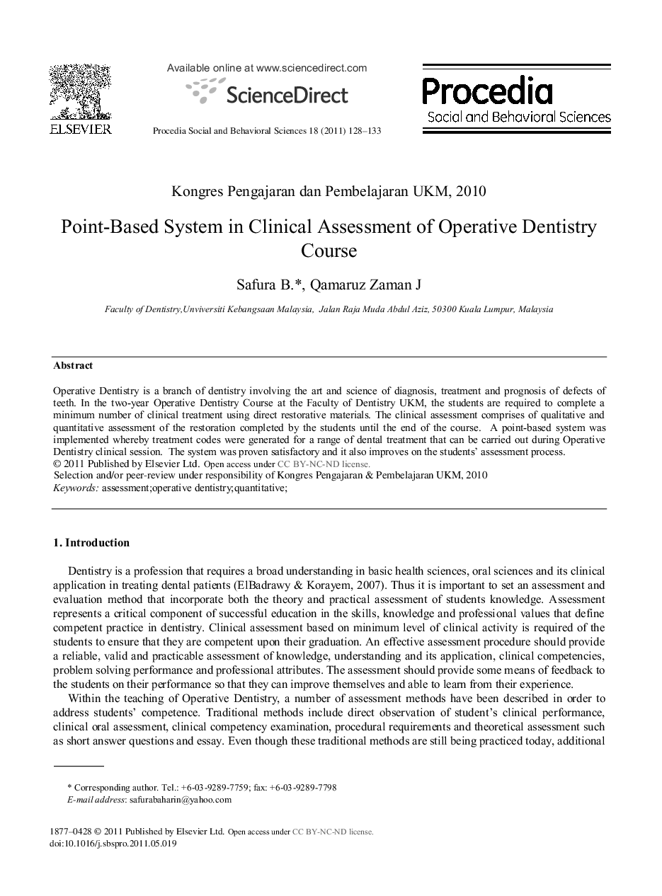 Point-Based System in Clinical Assessment of Operative Dentistry Course