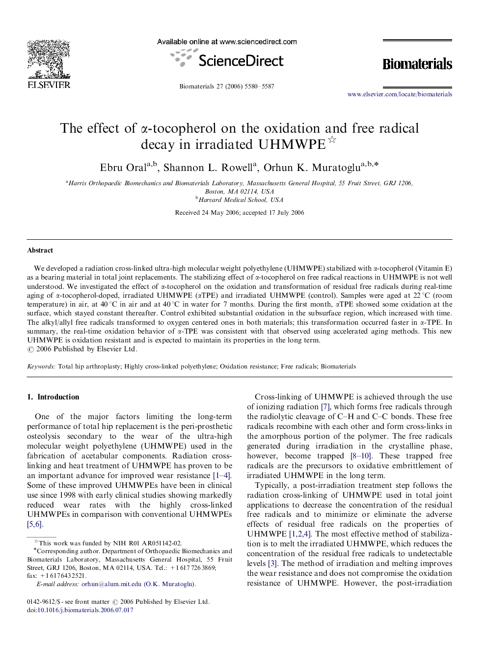 The effect of α-tocopherol on the oxidation and free radical decay in irradiated UHMWPE 