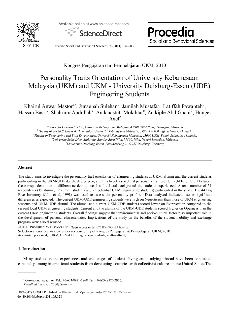 Personality Traits Orientation of University Kebangsaan Malaysia (UKM) and UKM - University Duisburg-Essen (UDE) Engineering Students