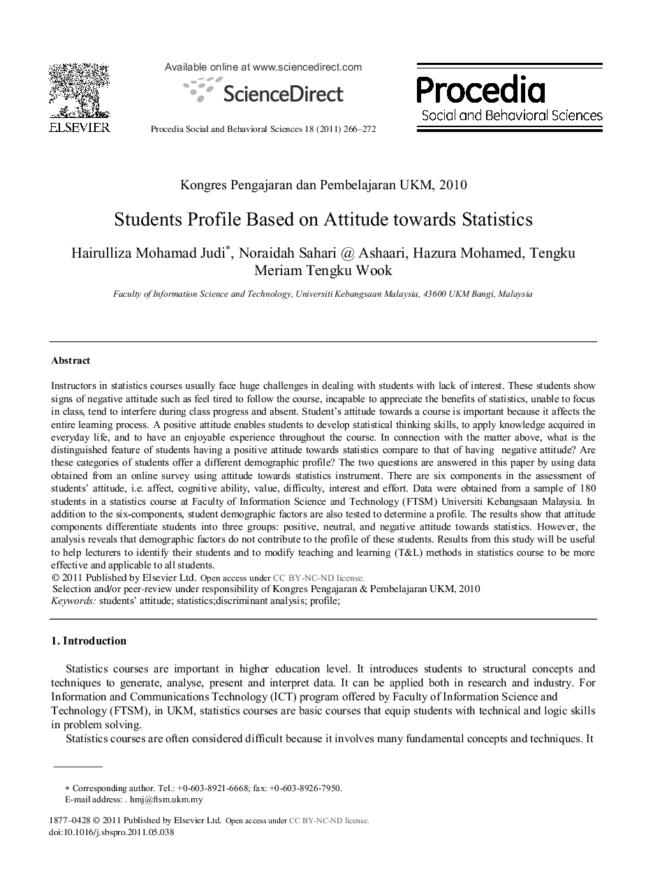 Students Profile Based on Attitude towards Statistics