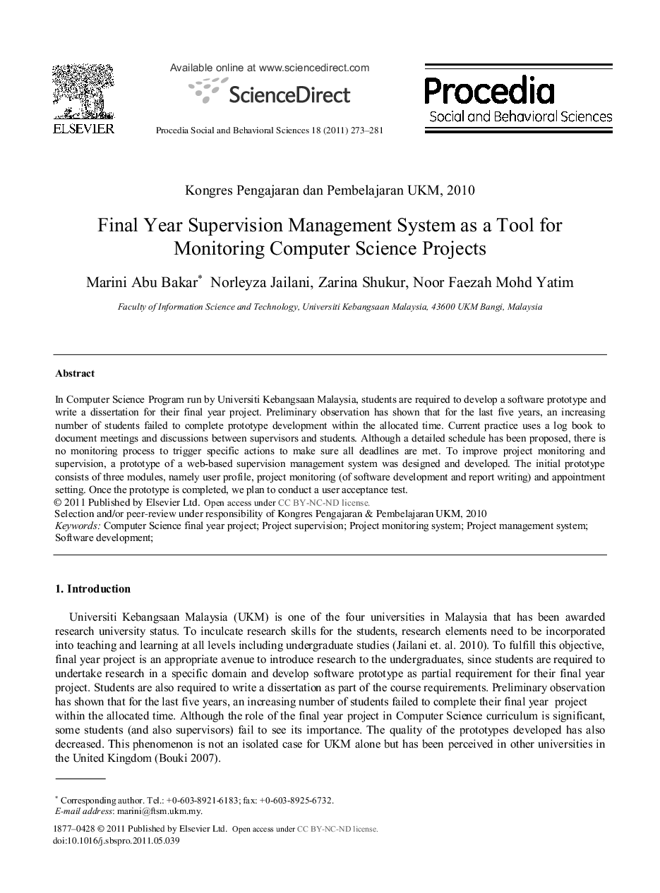 Final Year Supervision Management System as a Tool for Monitoring Computer Science Projects