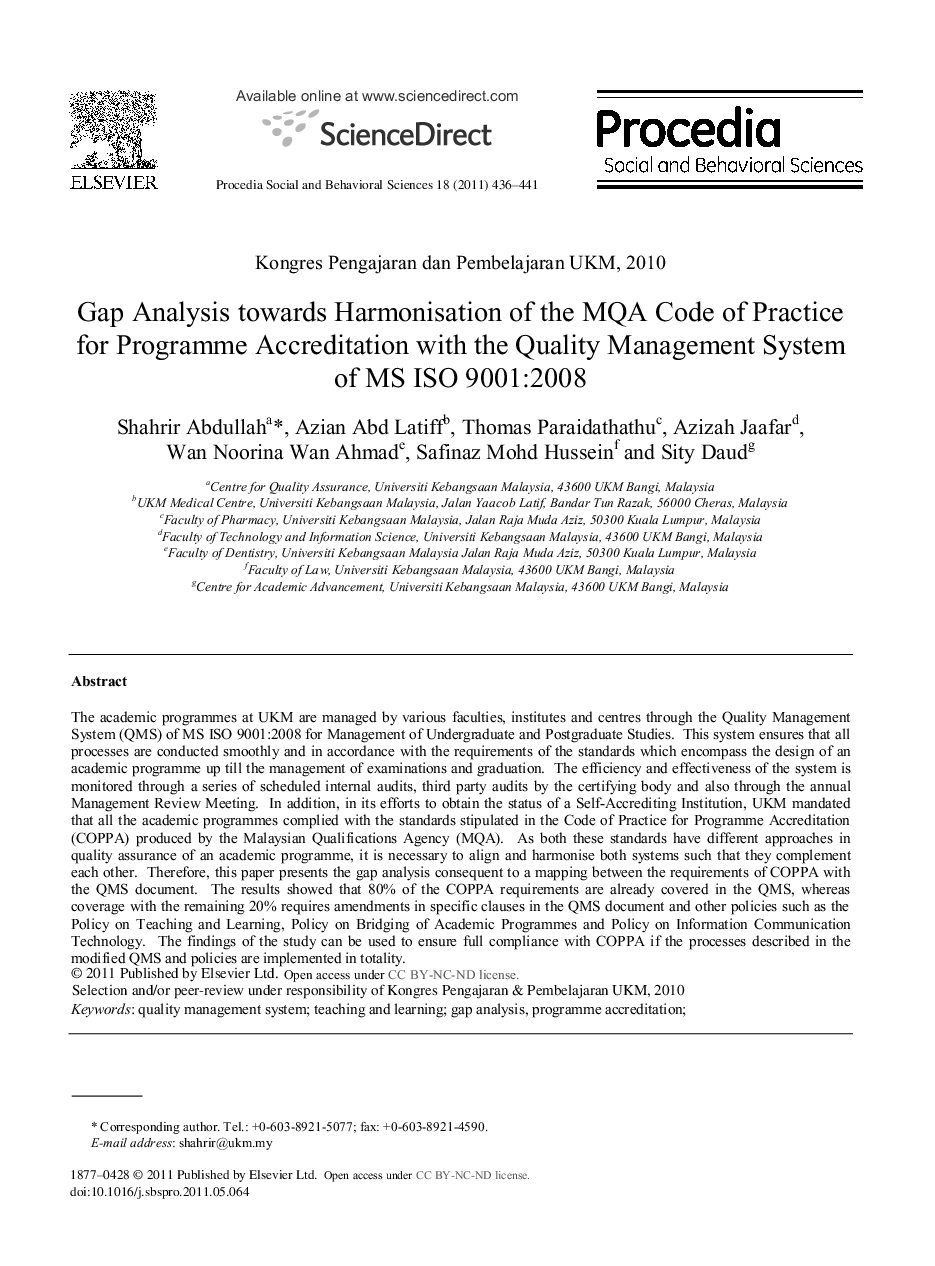 Gap Analysis towards Harmonisation of the MQA Code of Practice for Programme Accreditation with the Quality Management System of MS ISO 9001:2008