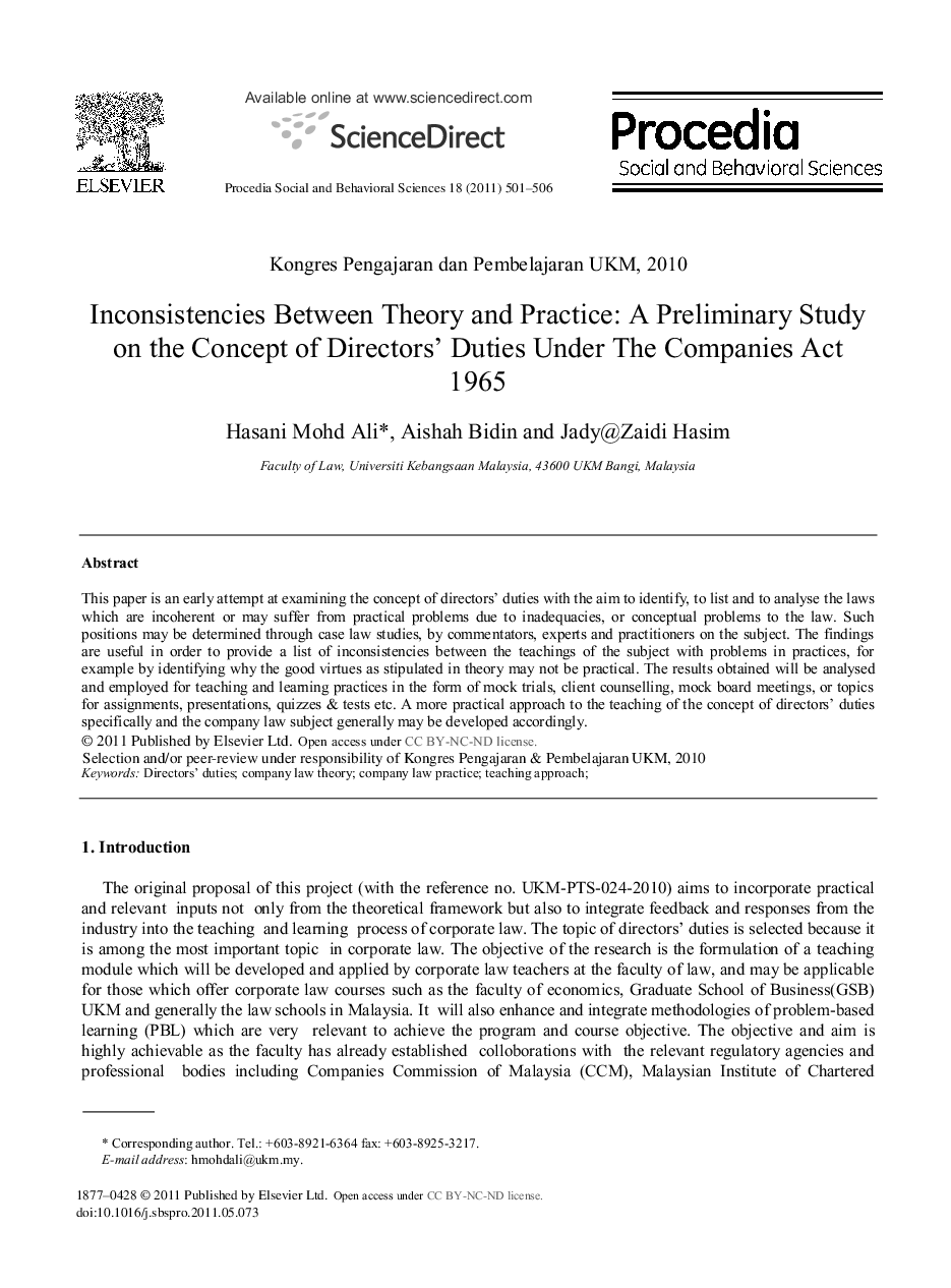 Inconsistencies Between Theory and Practice: A Preliminary Study on the Concept of Directors’ Duties Under The Companies Act 1965