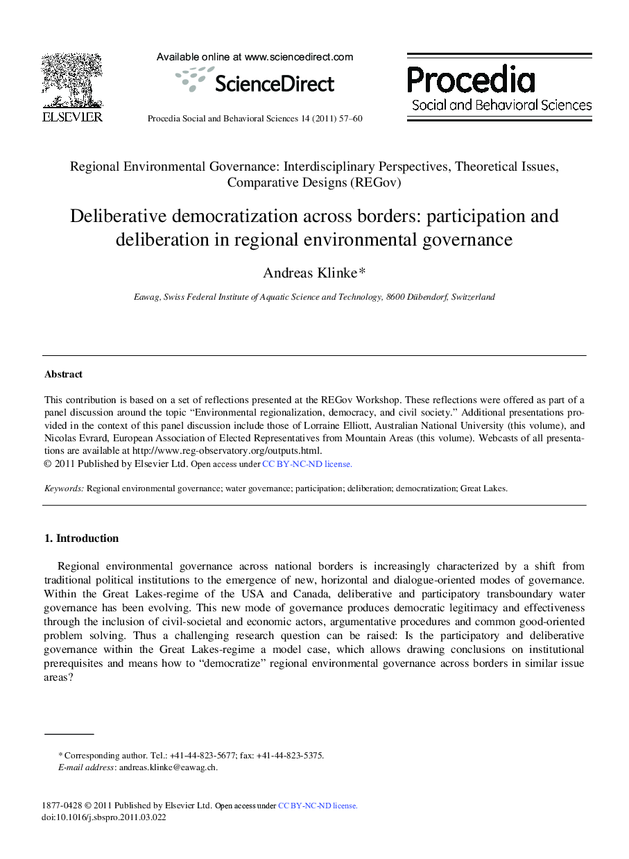 Deliberative democratization across borders: participation and deliberation in regional environmental governance