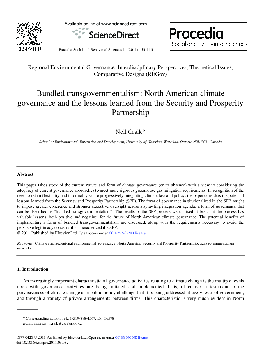 Bundled transgovernmentalism: North American climate governance and the lessons learned from the Security and Prosperity Partnership