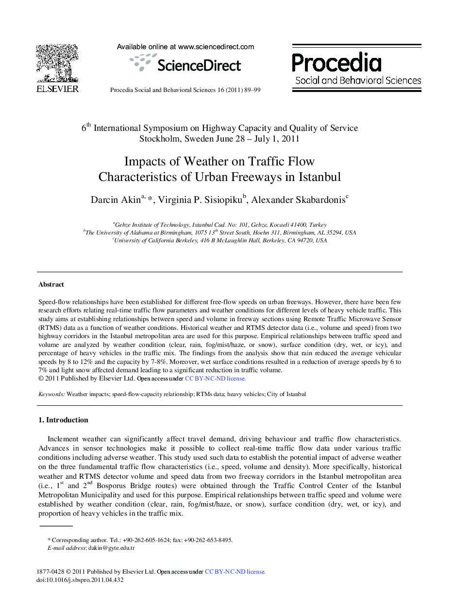 Impacts of Weather on Traffic Flow Characteristics of Urban Freeways in Istanbul