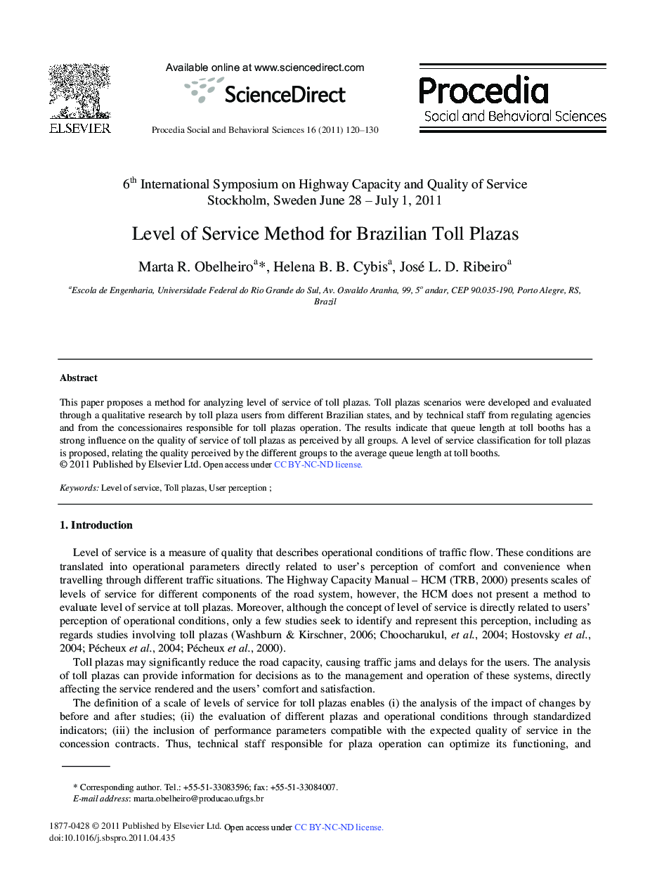Level of Service Method for Brazilian Toll Plazas