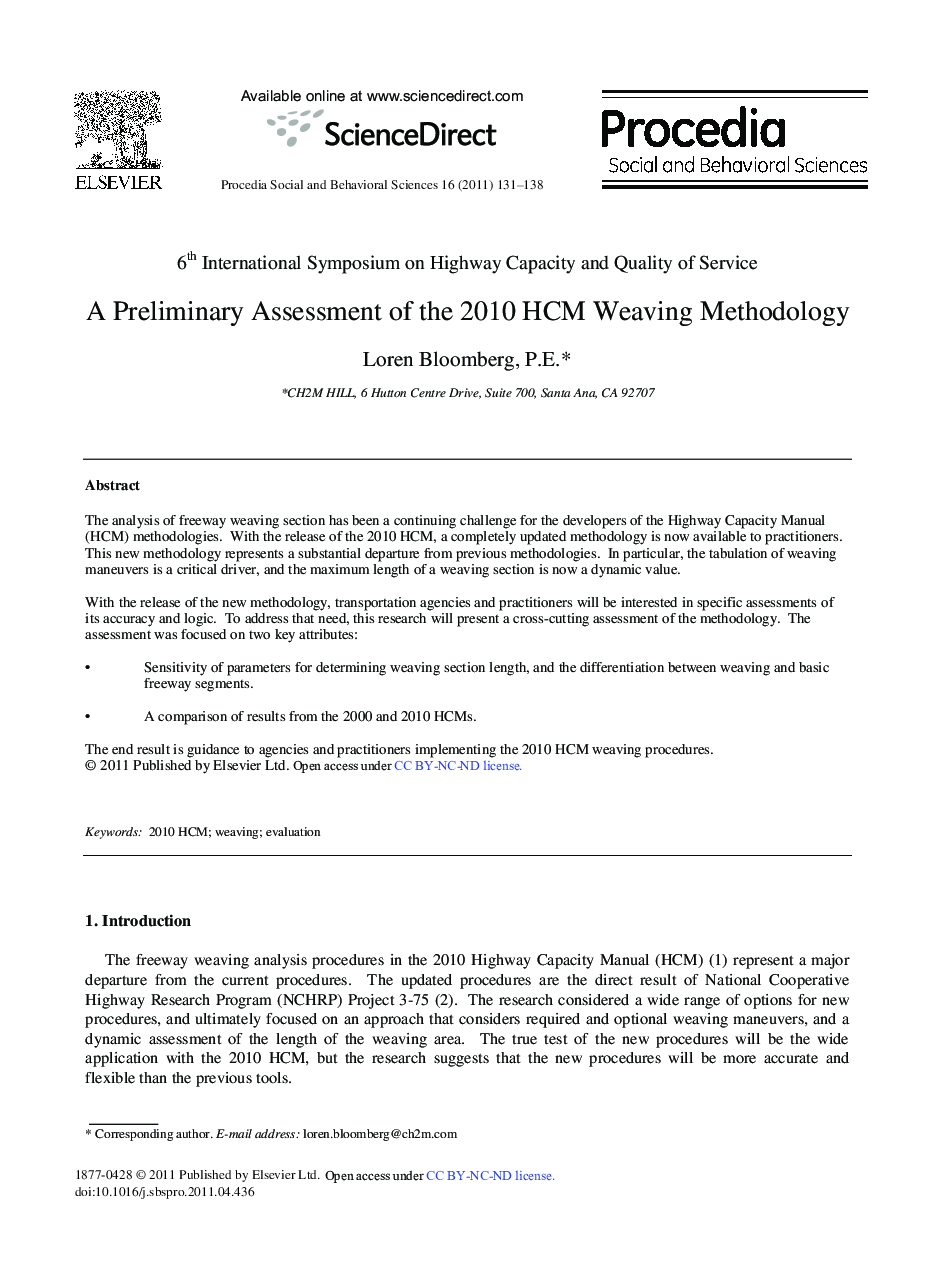 A Preliminary Assessment of the 2010 HCM Weaving Methodology