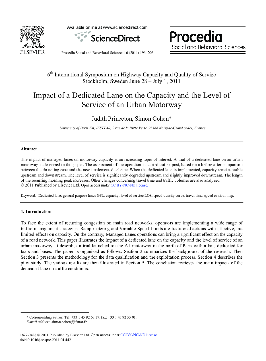 Impact of a Dedicated Lane on the Capacity and the Level of Service of an Urban Motorway