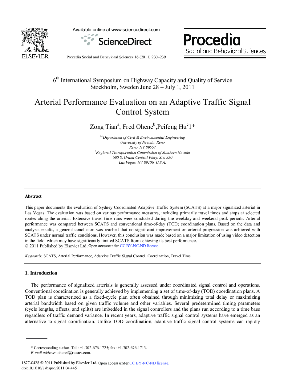 Arterial Performance Evaluation on an Adaptive Traffic Signal Control System