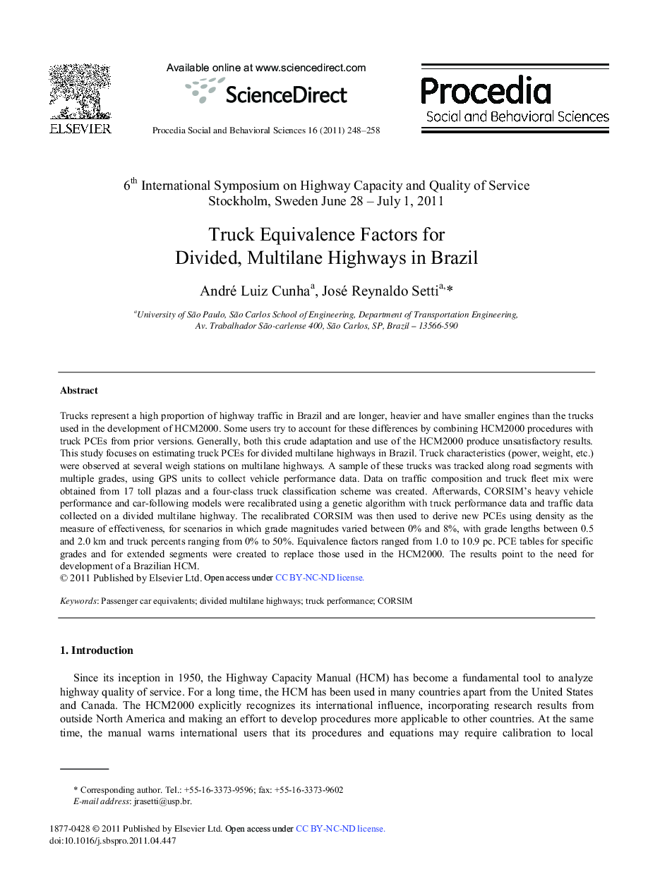 Truck Equivalence Factors for Divided, Multilane Highways in Brazil