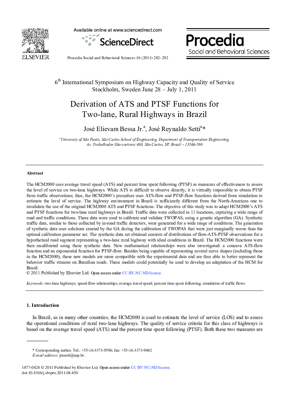 Derivation of ATS and PTSF Functions for Two-lane, Rural Highways in Brazil