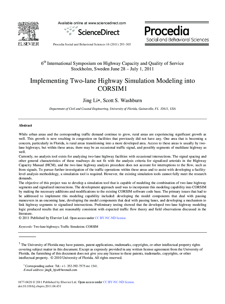 Implementing Two-lane Highway Simulation Modeling into CORSIM1