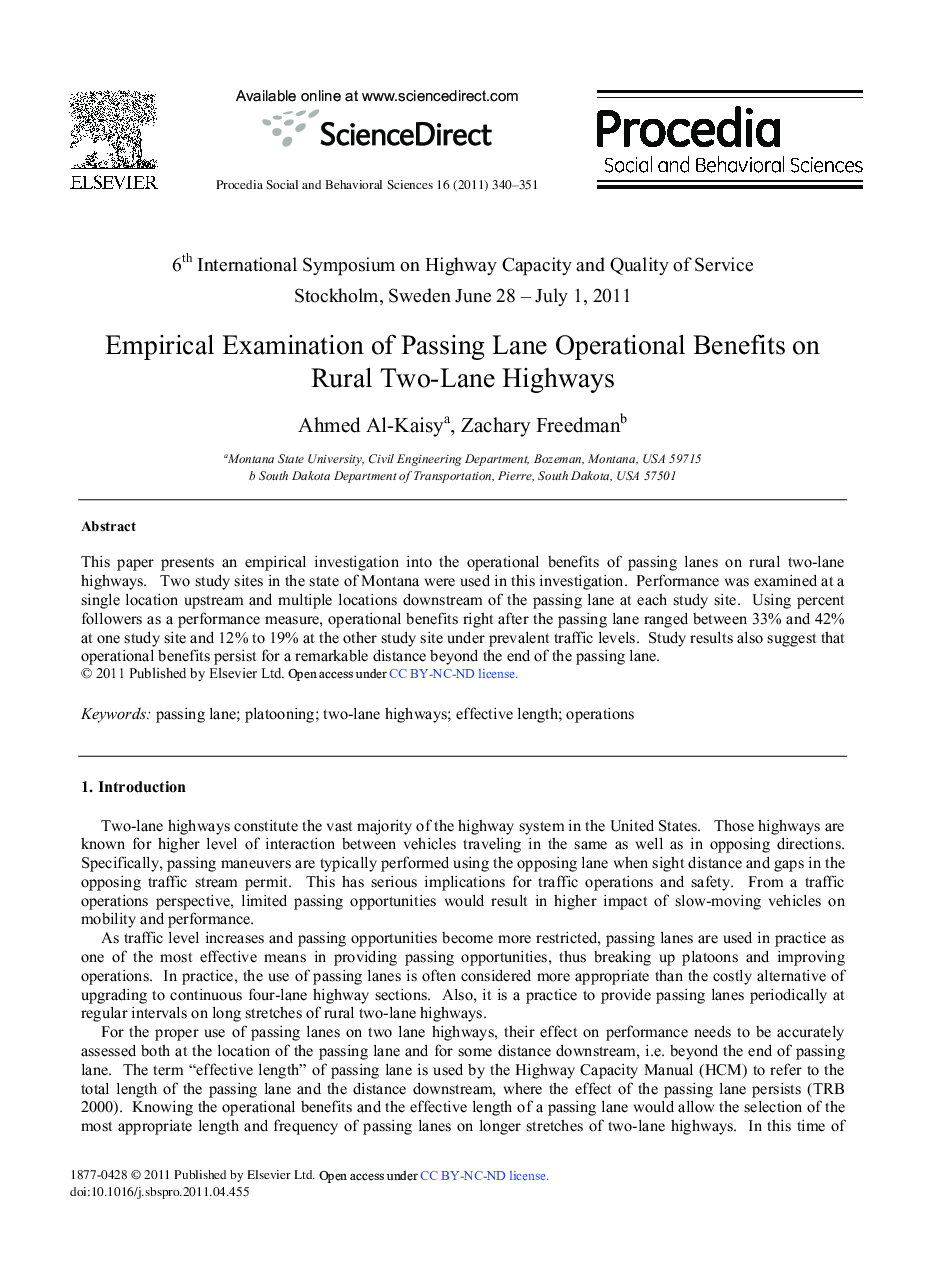 Empirical Examination of Passing Lane Operational Benefits on Rural Two-Lane Highways