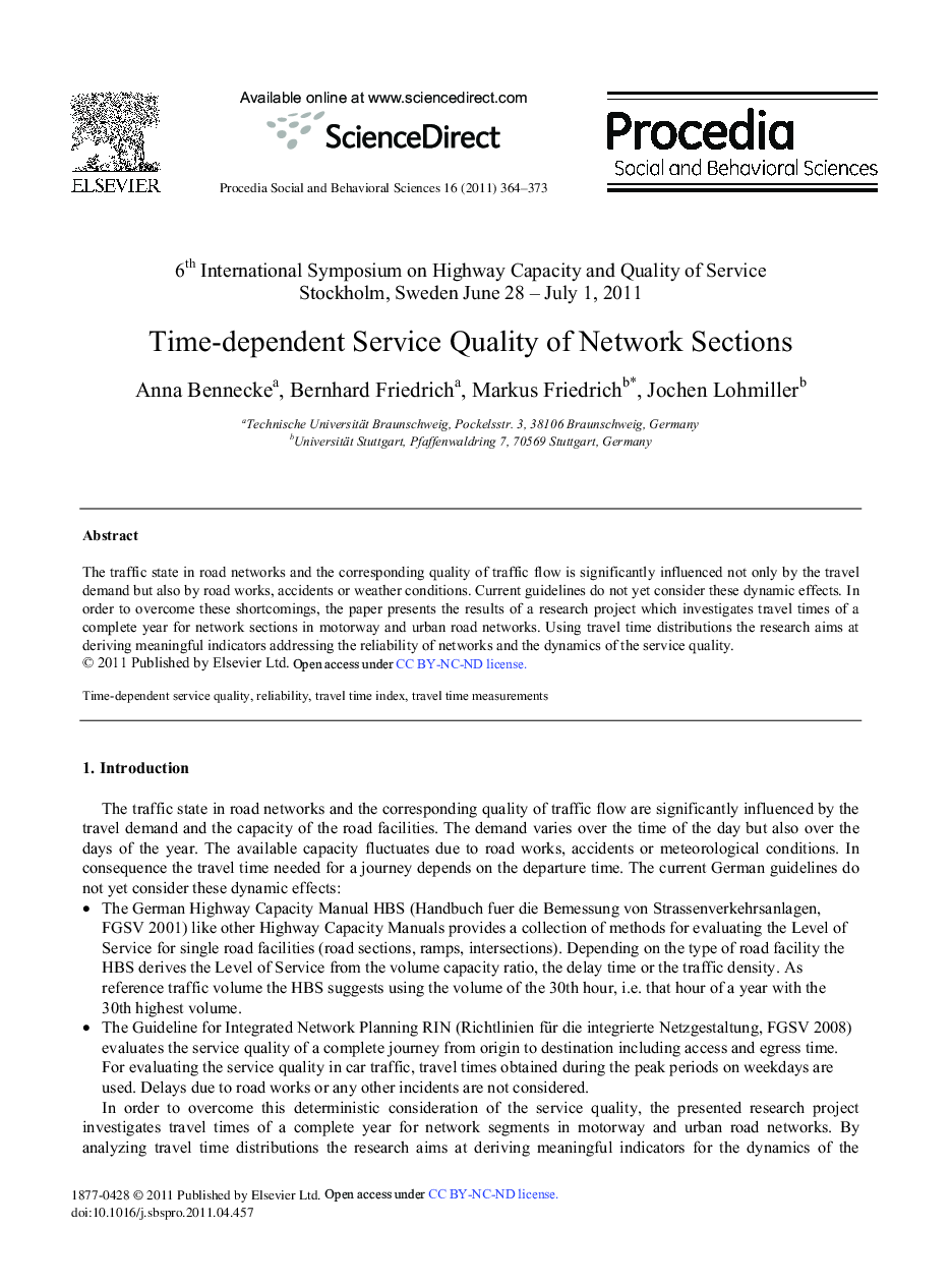 Time-dependent Service Quality of Network Sections