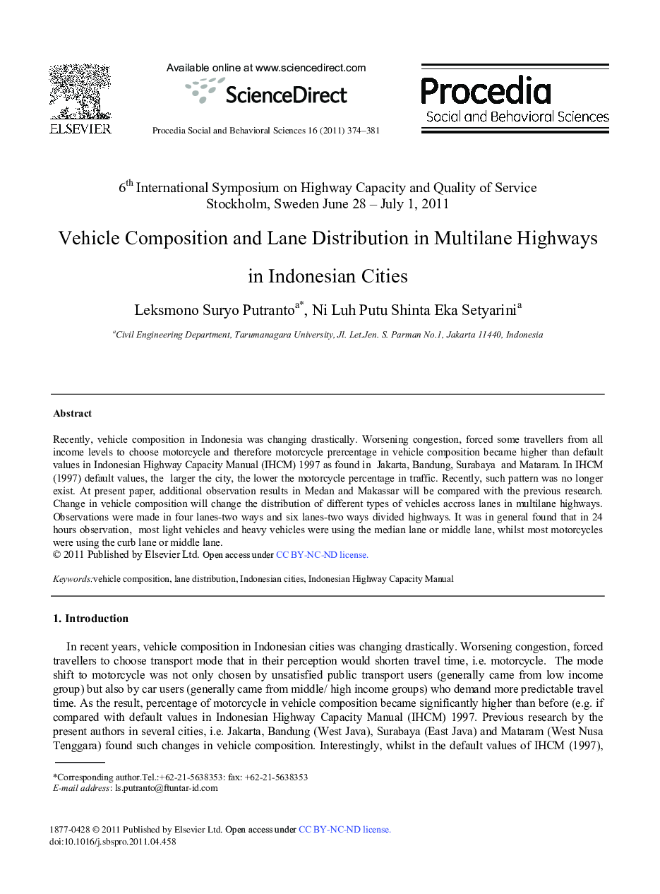 Vehicle Composition and Lane Distribution in Multilane Highways in Indonesian Cities