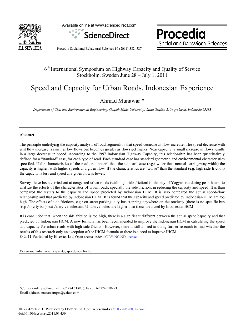 Speed and Capacity for Urban Roads, Indonesian Experience