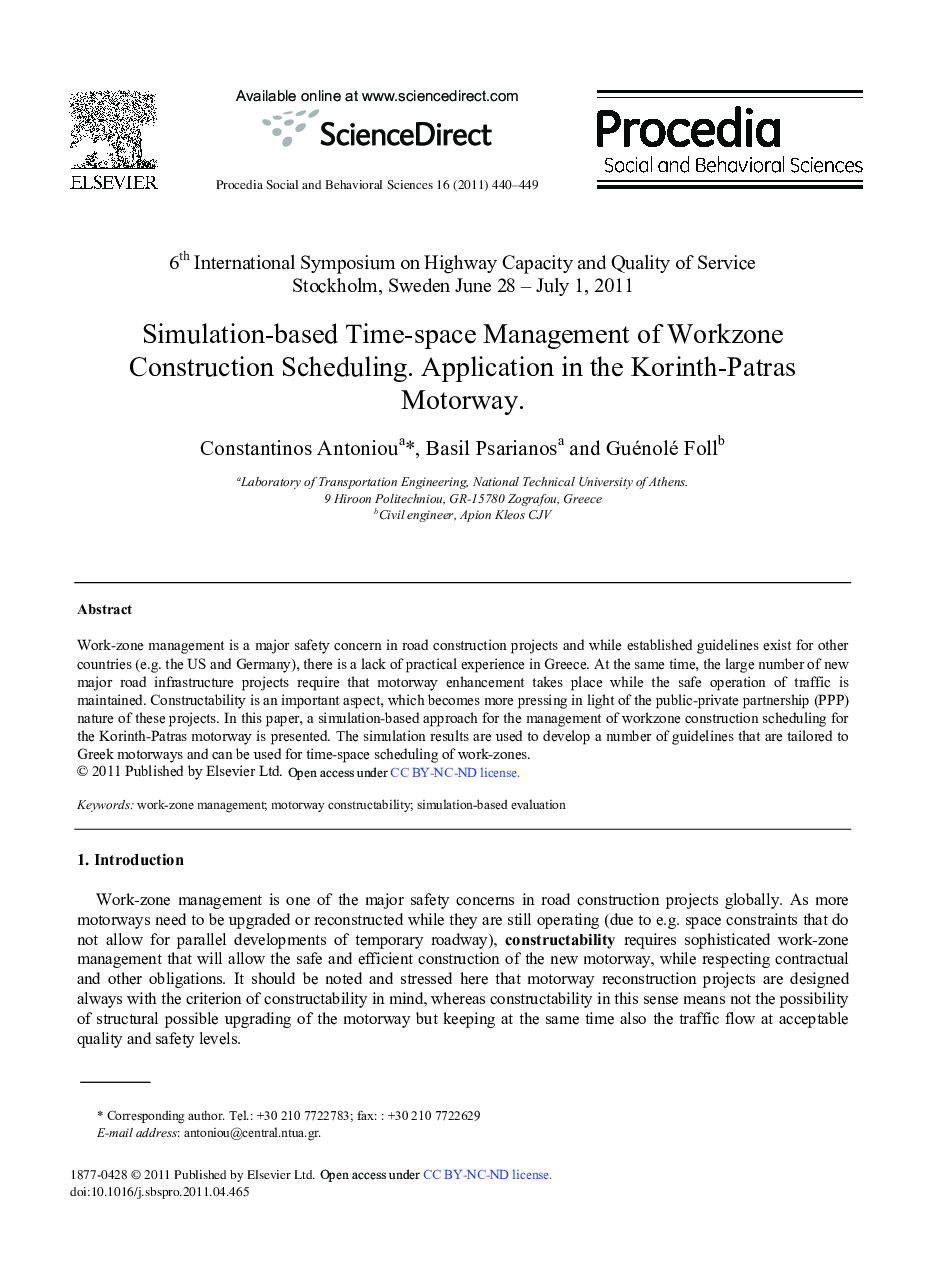 Simulation-based Time-space Management of Workzone Construction Scheduling. Application in the Korinth-Patras Motorway