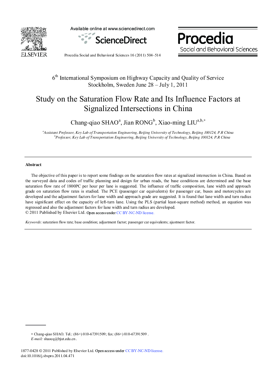 Study on the Saturation Flow Rate and Its Influence Factors at Signalized Intersections in China