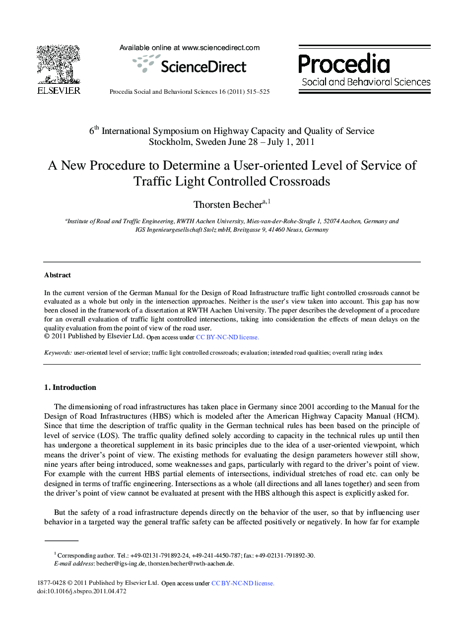 A New Procedure to Determine a User-oriented Level of Service of Traffic Light Controlled Crossroads