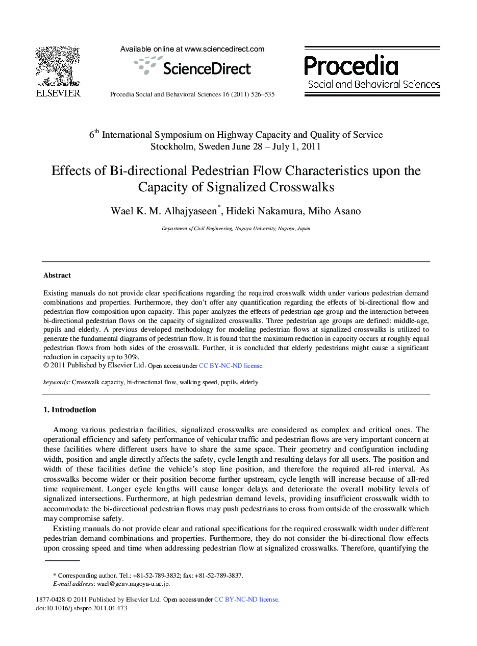 Effects of Bi-directional Pedestrian Flow Characteristics upon the Capacity of Signalized Crosswalks