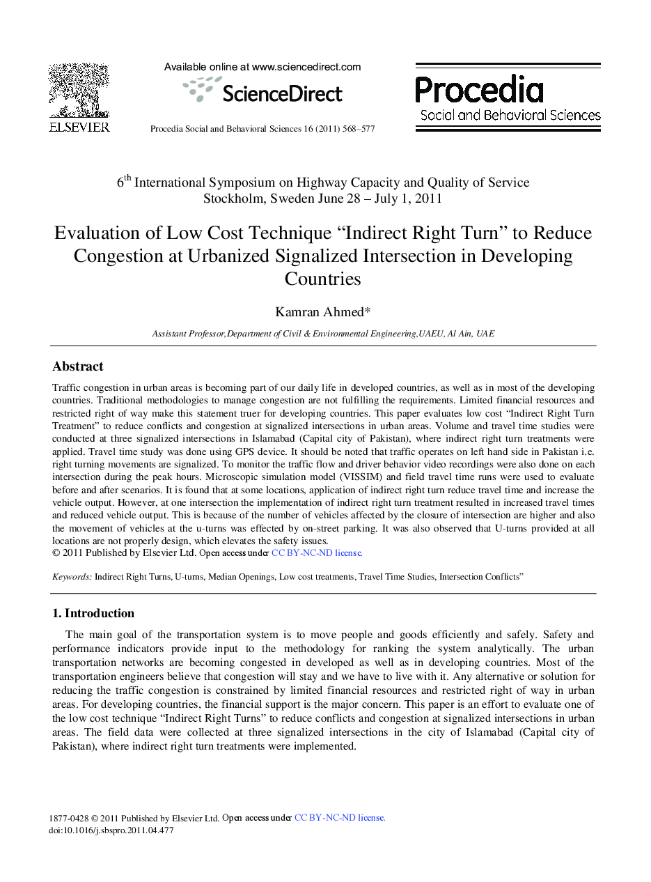 Evaluation of Low Cost Technique “Indirect Right Turn” to Reduce Congestion at Urbanized Signalized Intersection in Developing Countries