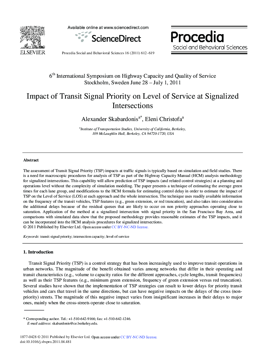 Impact of Transit Signal Priority on Level of Service at Signalized Intersections