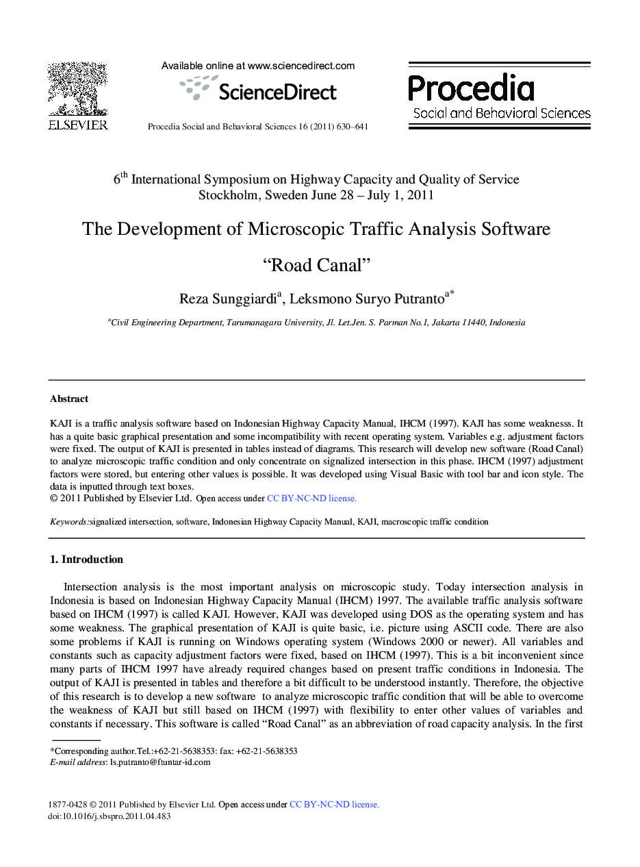 The Development of Microscopic Traffic Analysis Software “Road Canal”