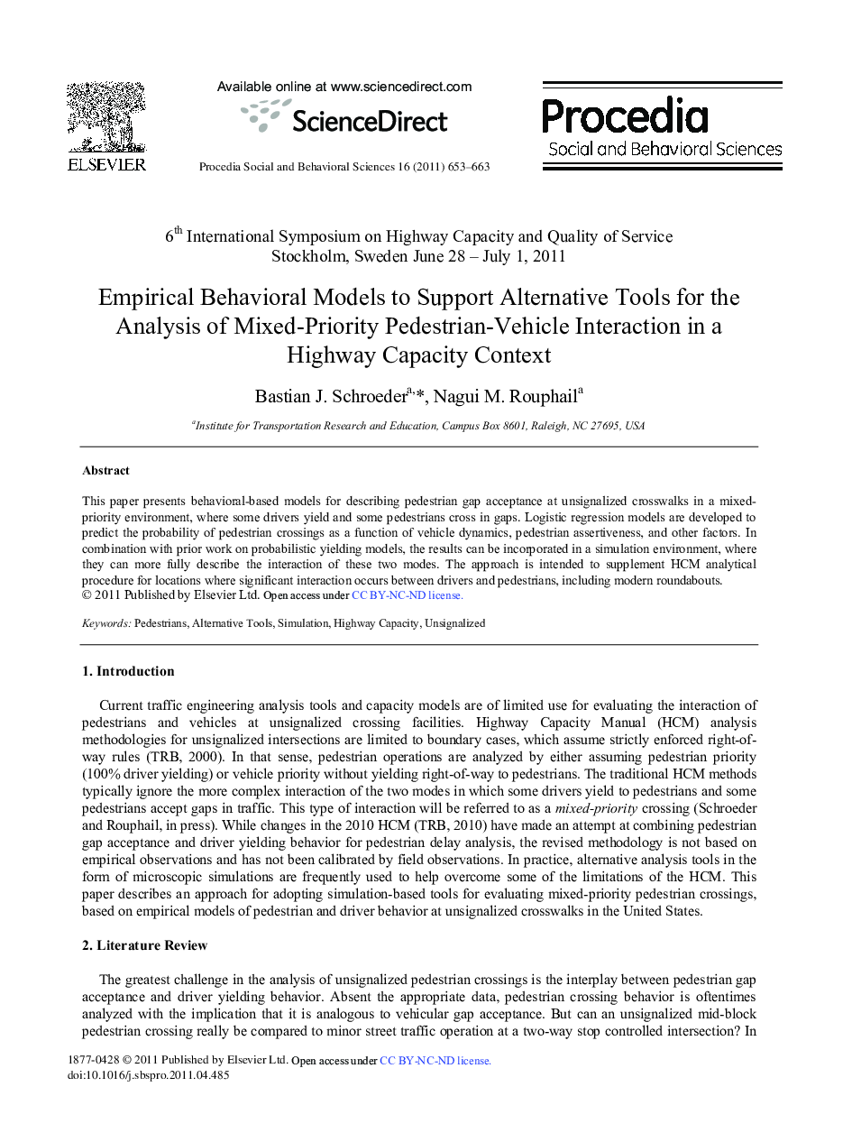 Empirical Behavioral Models to Support Alternative Tools for the Analysis of Mixed-Priority Pedestrian-Vehicle Interaction in a Highway Capacity Context