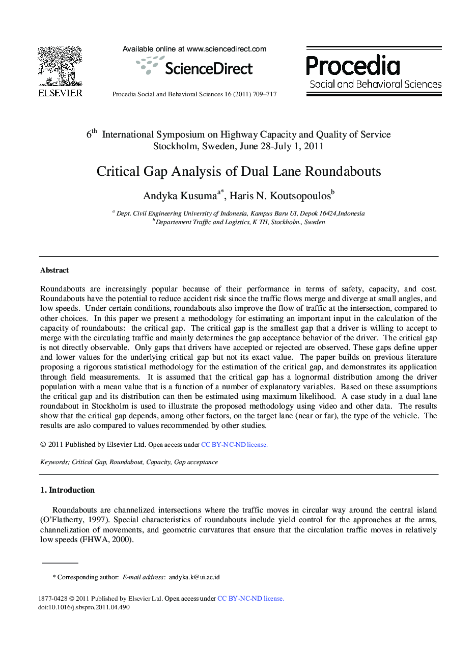 Critical Gap Analysis of Dual Lane Roundabouts