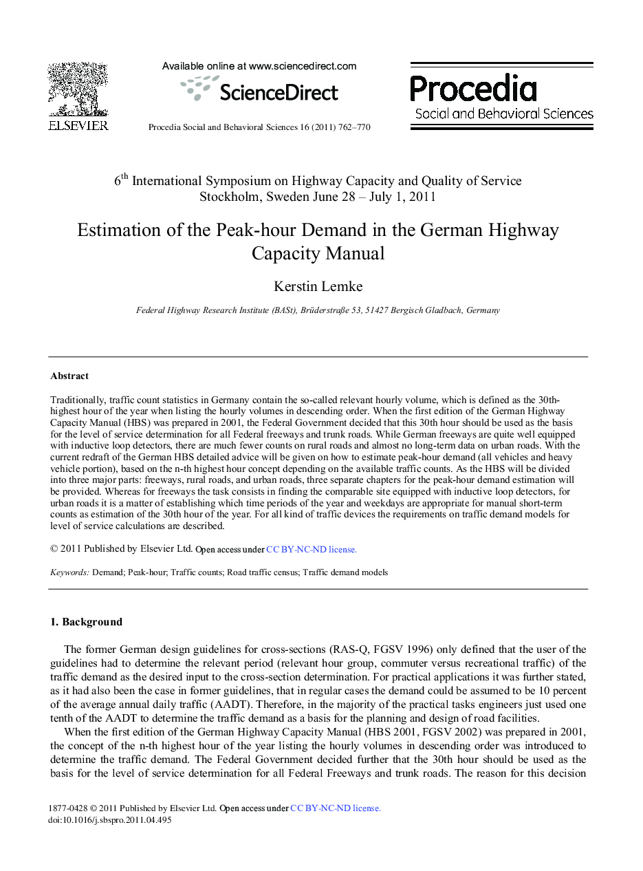 Estimation of the Peak-hour Demand in the German Highway Capacity Manual