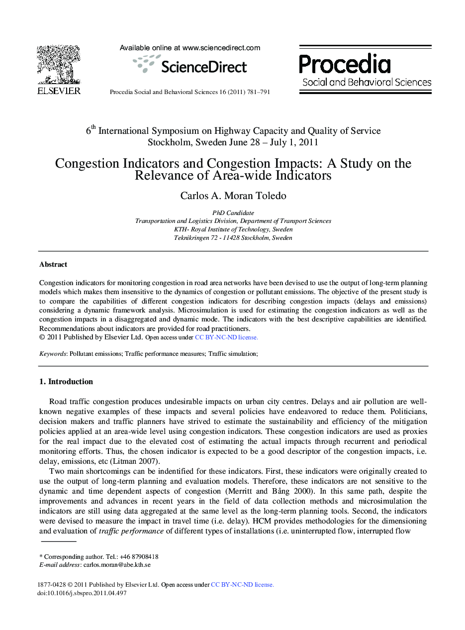 Congestion Indicators and Congestion Impacts: A Study on the Relevance of Area-wide Indicators