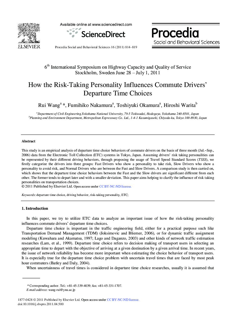 How the Risk-Taking Personality Influences Commute Drivers’ Departure Time Choices