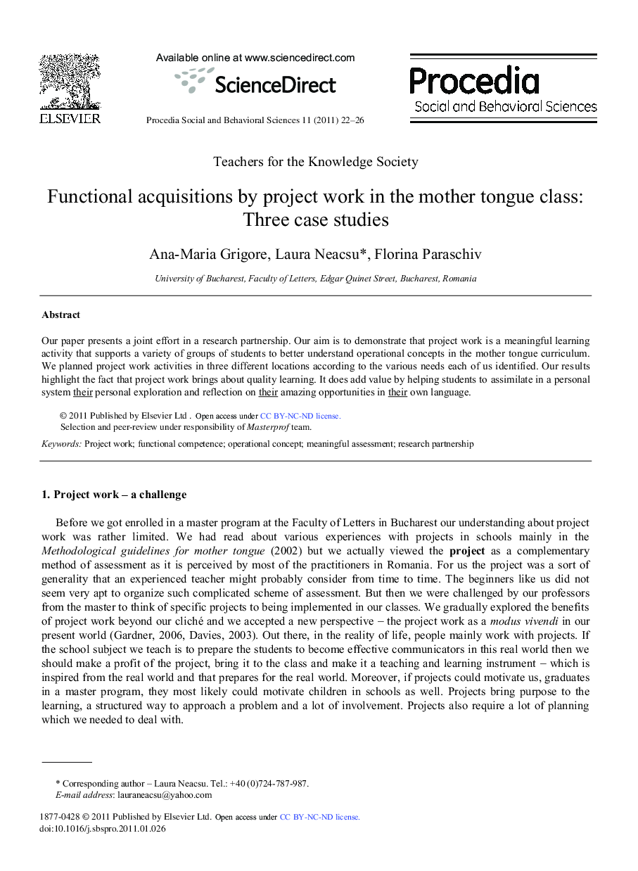 Functional acquisitions by project work in the mother tongue class: Three case studies