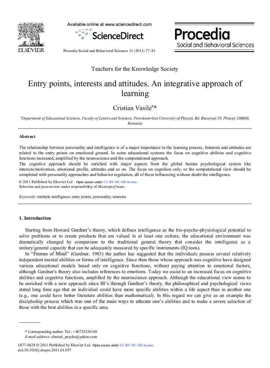 Entry points, interests and attitudes. An integrative approach of learning