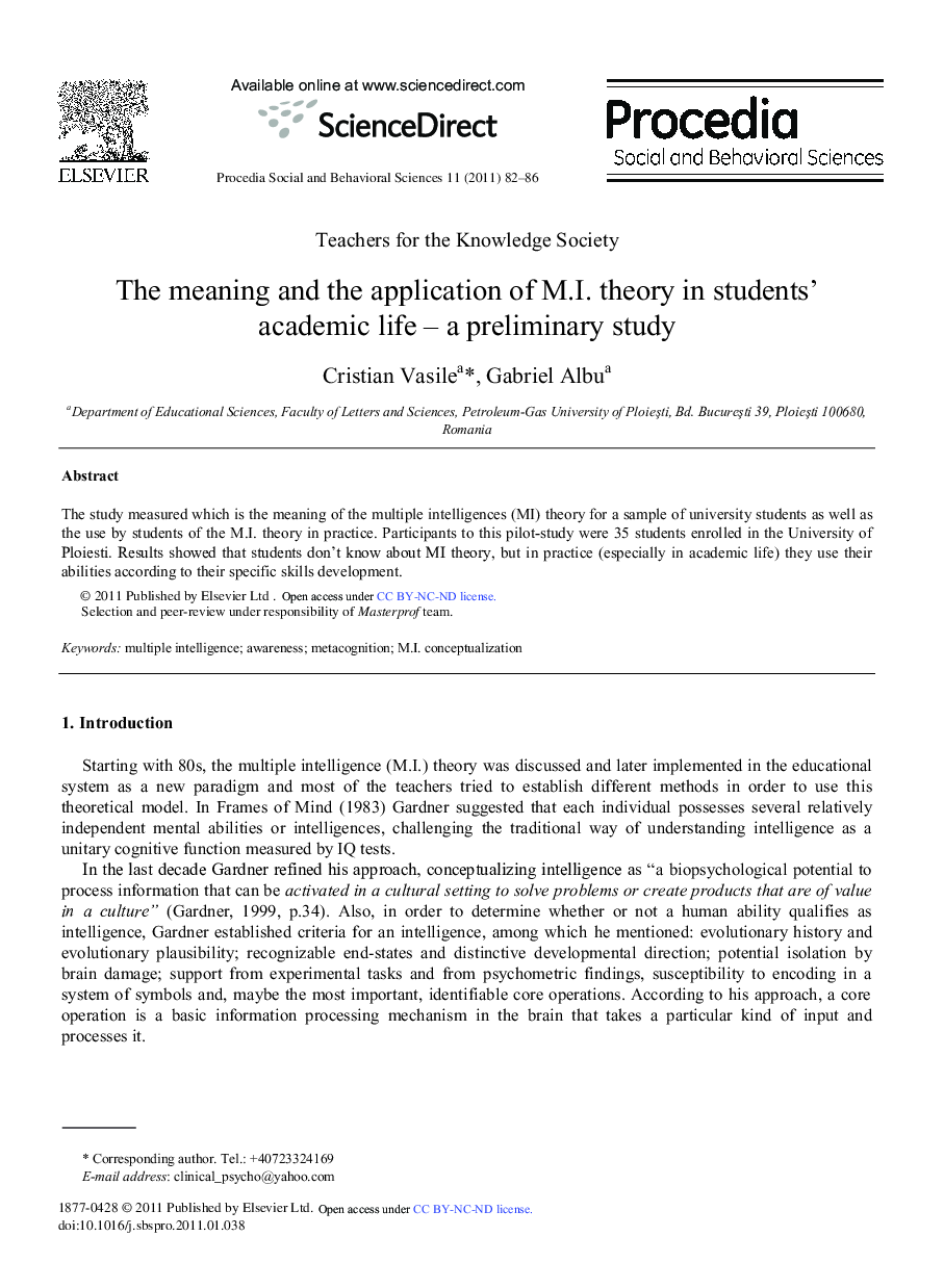 The meaning and the application of M.I. theory in students’ academic life – a preliminary study