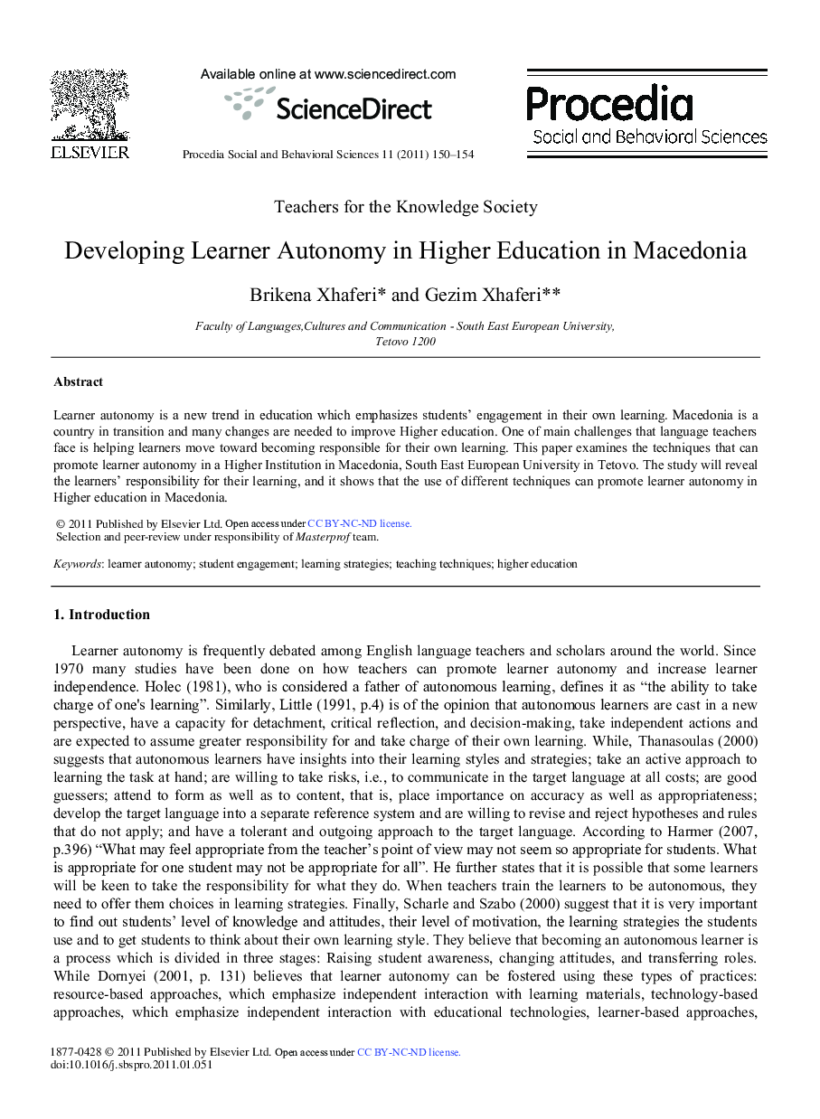 Developing Learner Autonomy in Higher Education in Macedonia