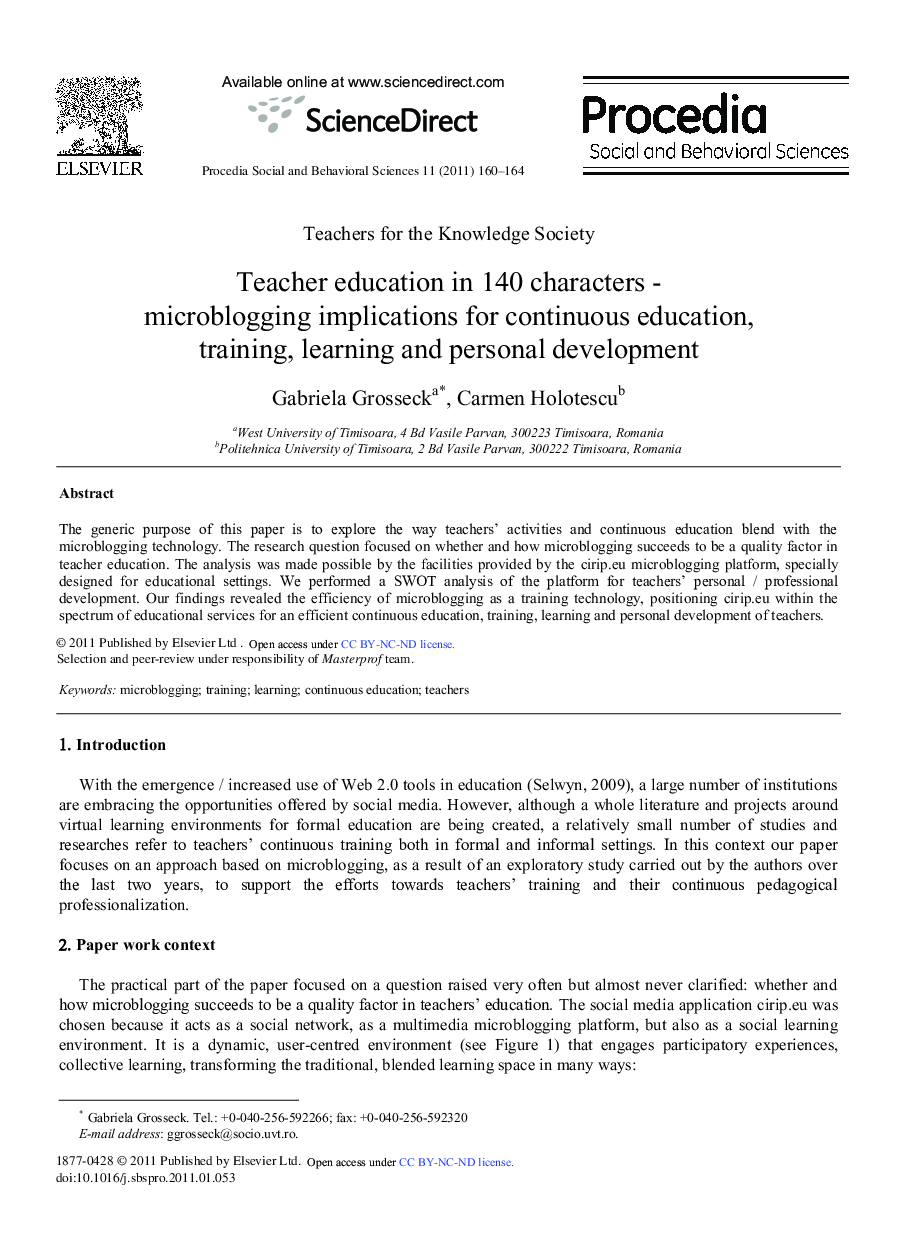 Teacher education in 140 characters - microblogging implications for continuous education, training, learning and personal development