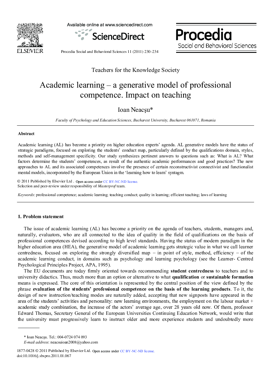 Academic learning – a generative model of professional competence. Impact on teaching