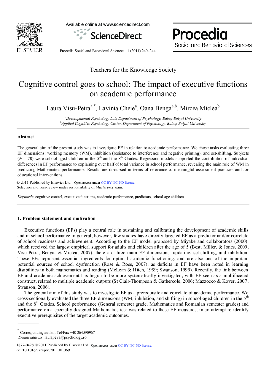 Cognitive control goes to school: The impact of executive functions on academic performance