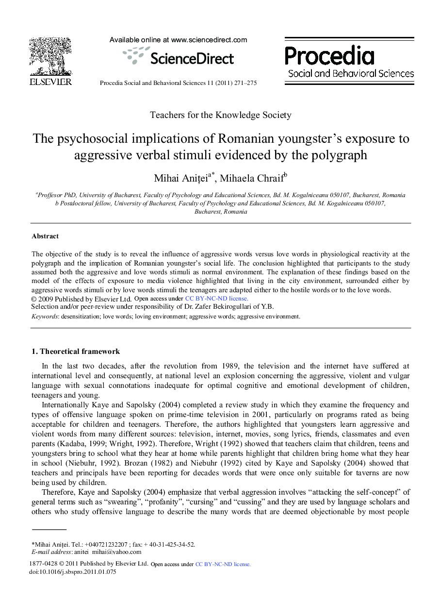 The psychosocial implications of Romanian youngster's exposure to aggressive verbal stimuli evidenced by the polygraph