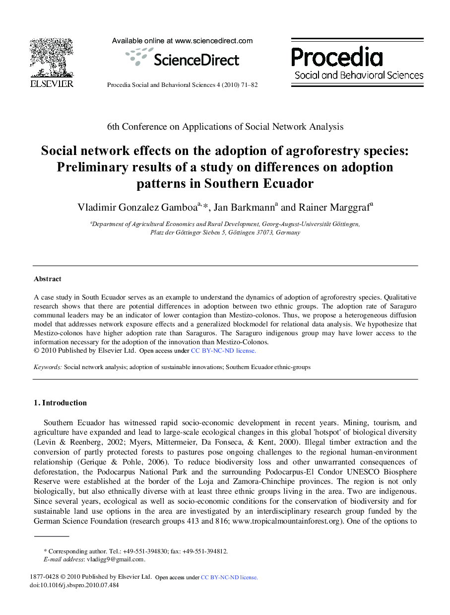 Social network effects on the adoption of agroforestry species: Preliminary results of a study on differences on adoption patterns in Southern Ecuador