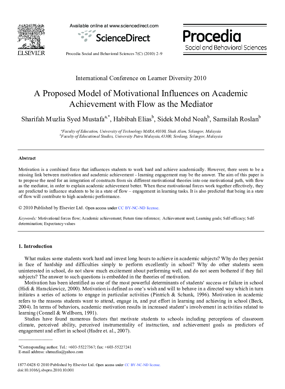 A Proposed Model of Motivational Influences on Academic Achievement with Flow as the Mediator