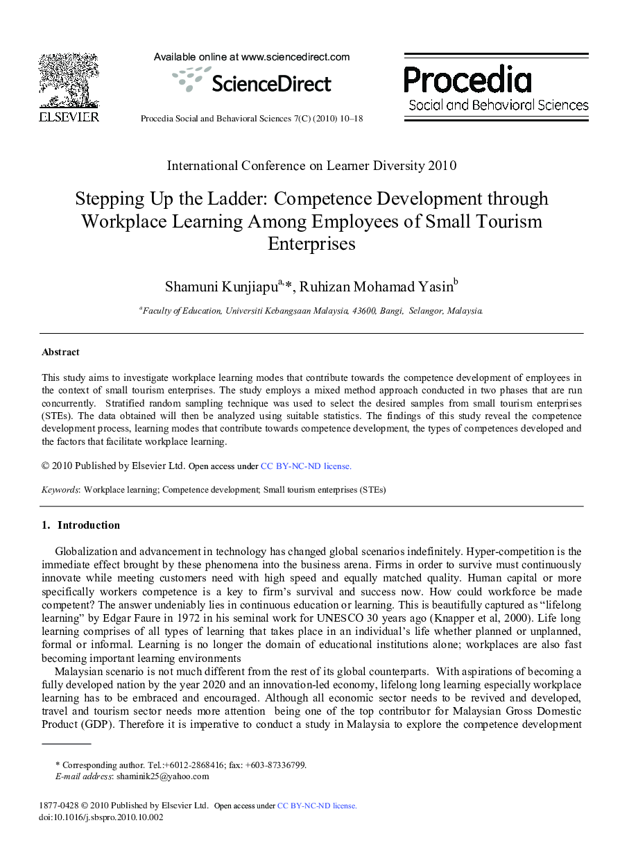 Stepping Up the Ladder: Competence Development through Workplace Learning Among Employees of Small Tourism Enterprises