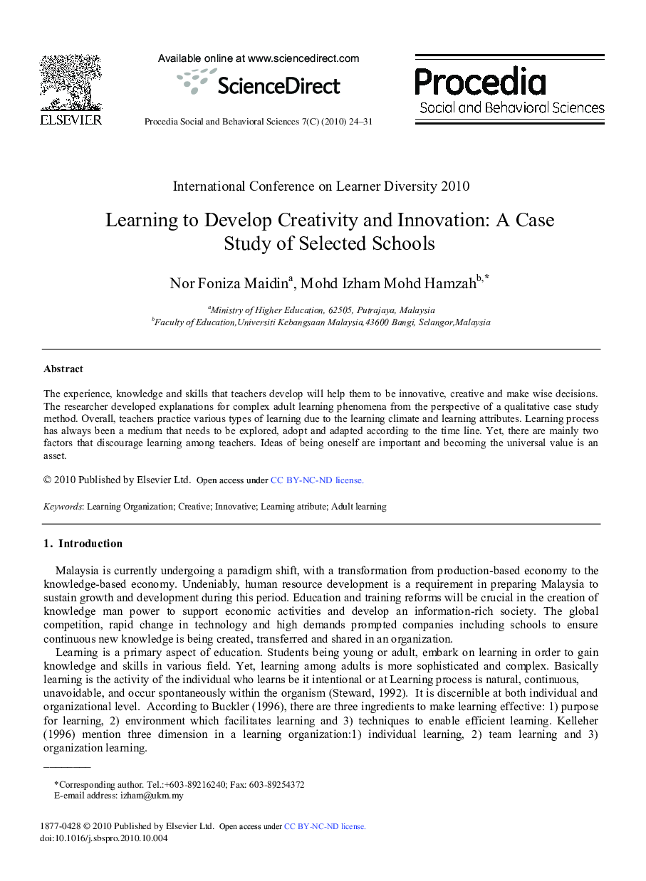 Learning to Develop Creativity and Innovation: A Case Study of Selected Schools